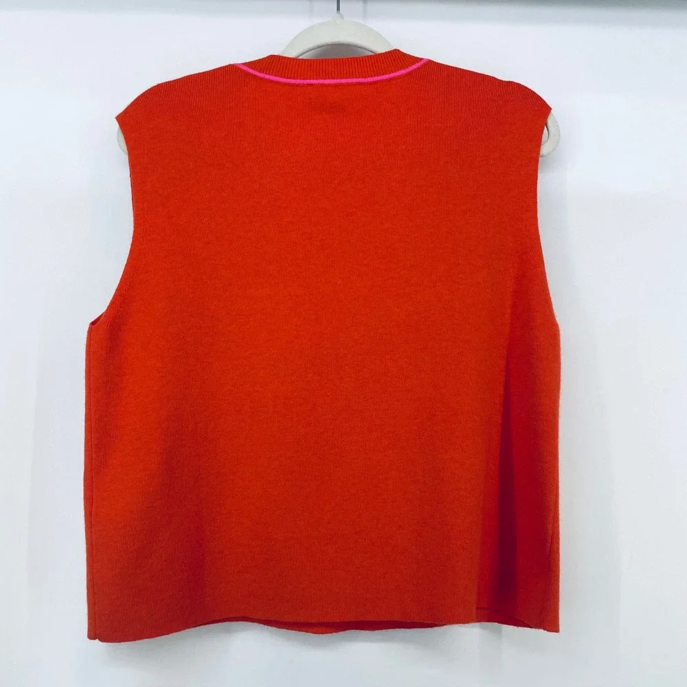 THML Women Size Large Sweater Vest Orange Pink V-Neck Knit Sleeveless Preppy